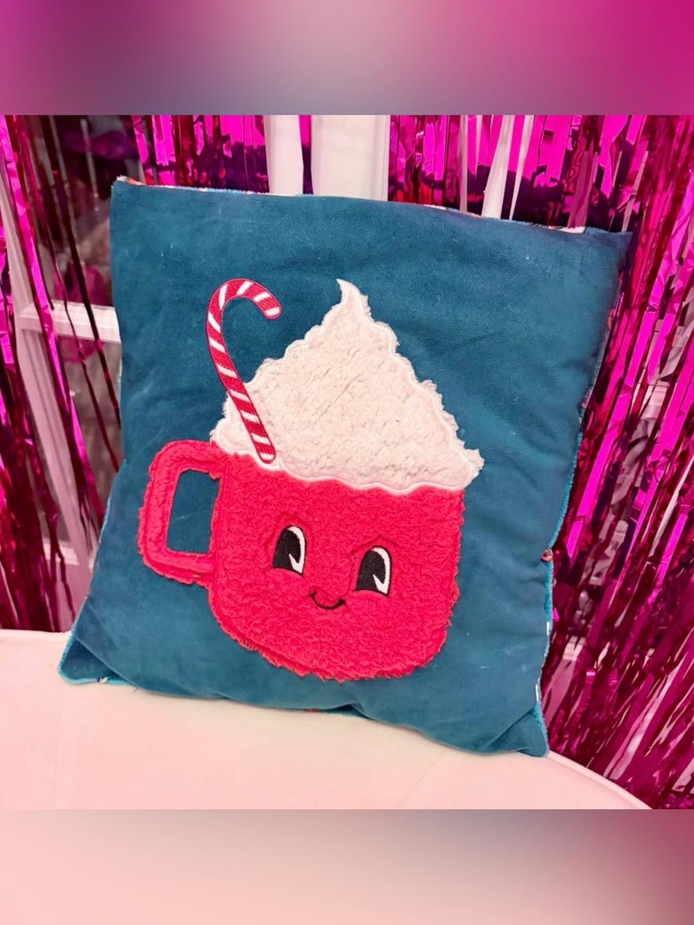 Retro Christmas Hot Cocoa Pillow with Candy Cane and Whipped Cream